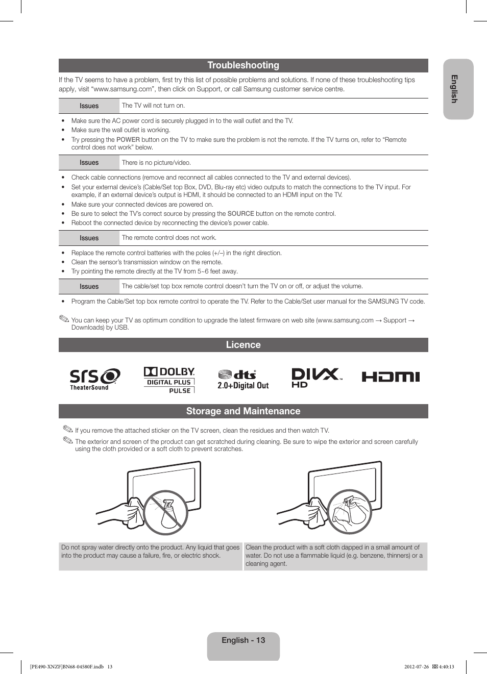 Troubleshooting, Licence storage and maintenance | Samsung PS43E490B1W User Manual | Page 13 / 57