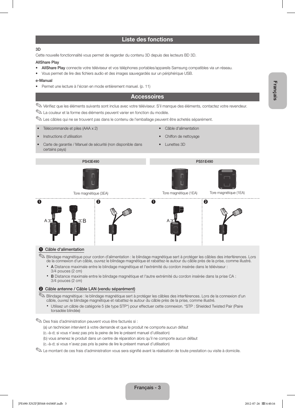 Liste des fonctions, Accessoires | Samsung PS43E490B1W User Manual | Page 17 / 57