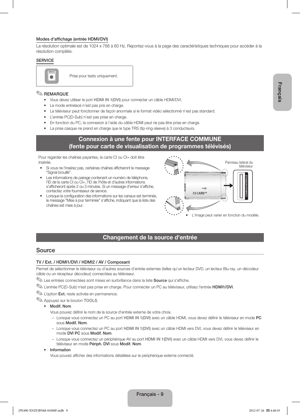 Changement de la source d'entrée source | Samsung PS43E490B1W User Manual | Page 23 / 57