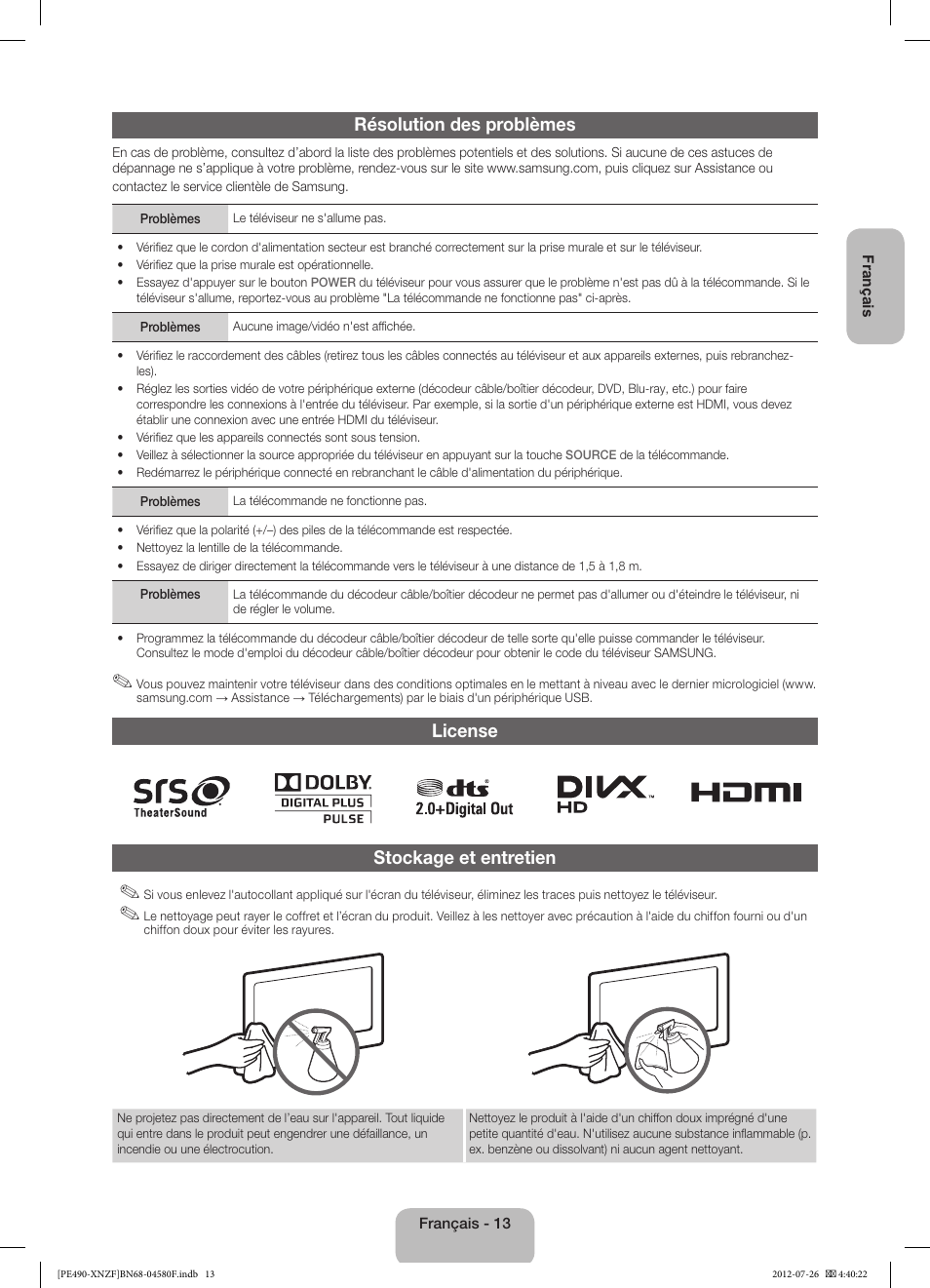 Résolution des problèmes, License stockage et entretien | Samsung PS43E490B1W User Manual | Page 27 / 57