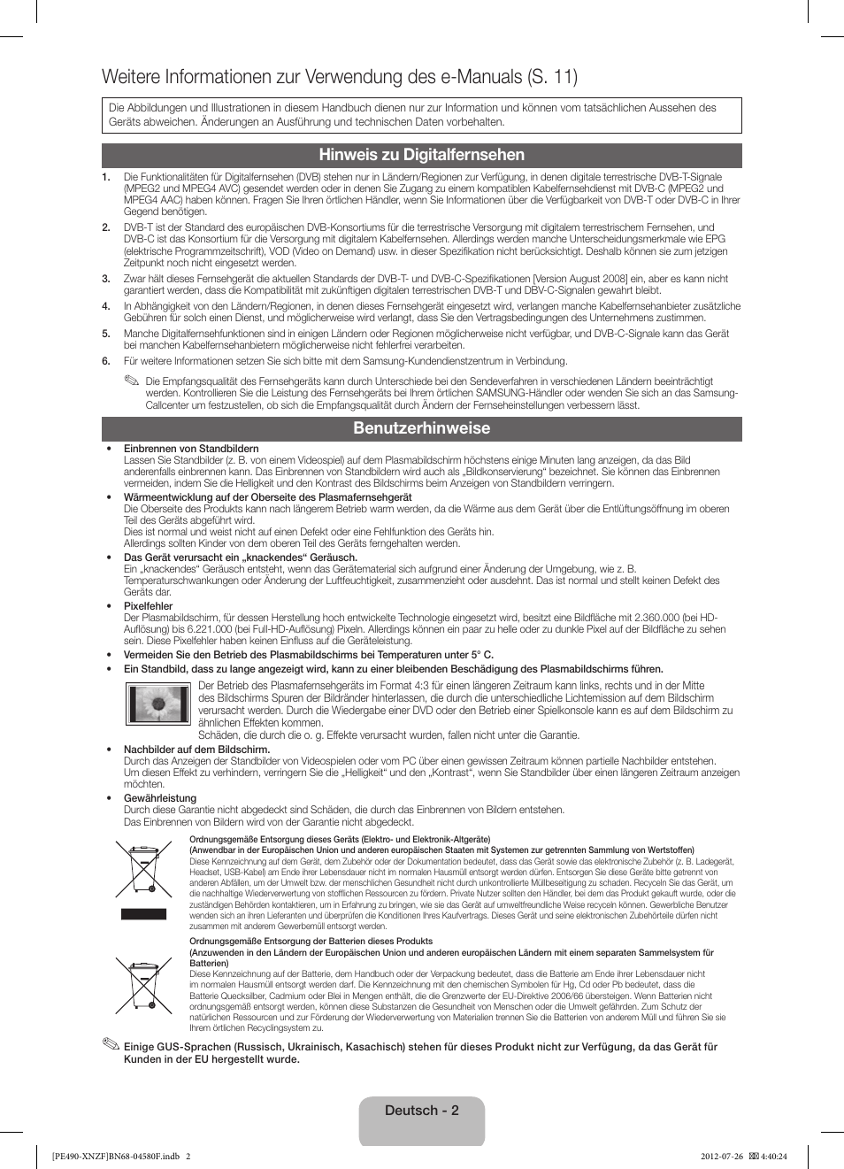 Hinweis zu digitalfernsehen, Benutzerhinweise | Samsung PS43E490B1W User Manual | Page 30 / 57