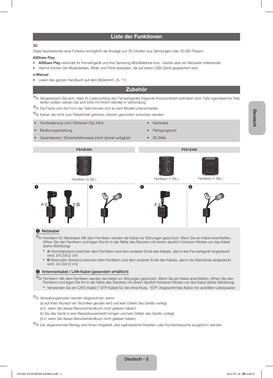 Liste der funktionen, Zubehör | Samsung PS43E490B1W User Manual | Page 31 / 57