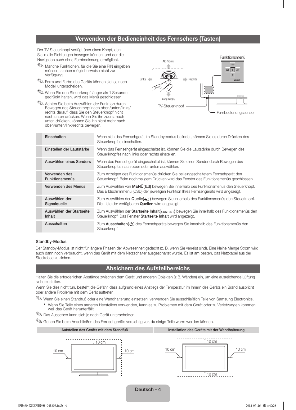 Absichern des aufstellbereichs | Samsung PS43E490B1W User Manual | Page 32 / 57