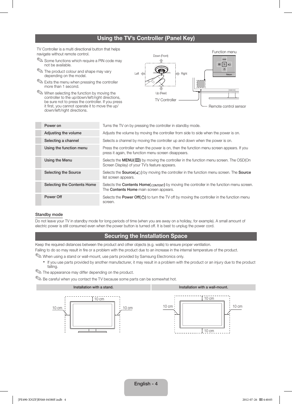 Using the tv’s controller (panel key), Securing the installation space | Samsung PS43E490B1W User Manual | Page 4 / 57