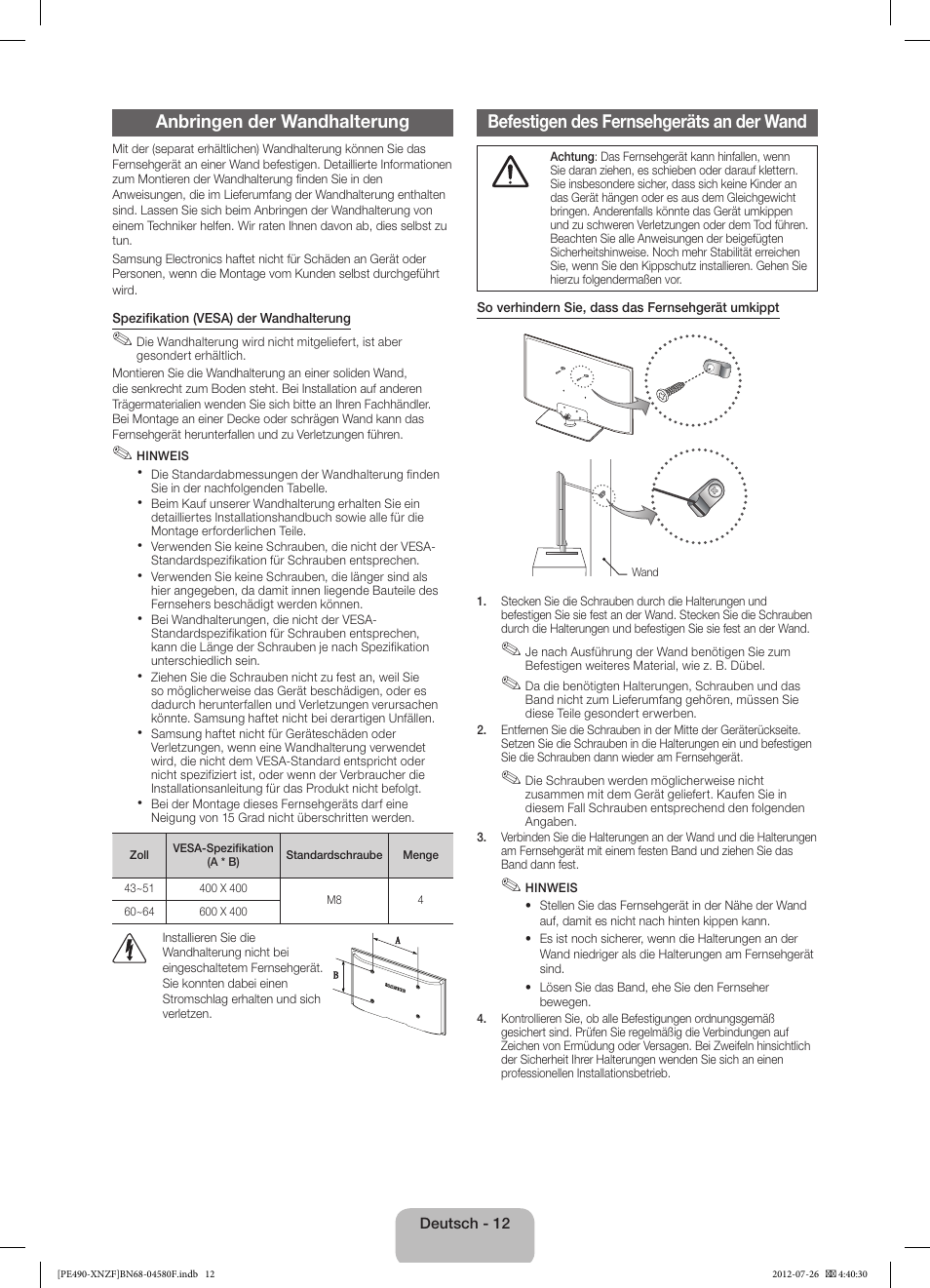 Anbringen der wandhalterung, Befestigen des fernsehgeräts an der wand | Samsung PS43E490B1W User Manual | Page 40 / 57