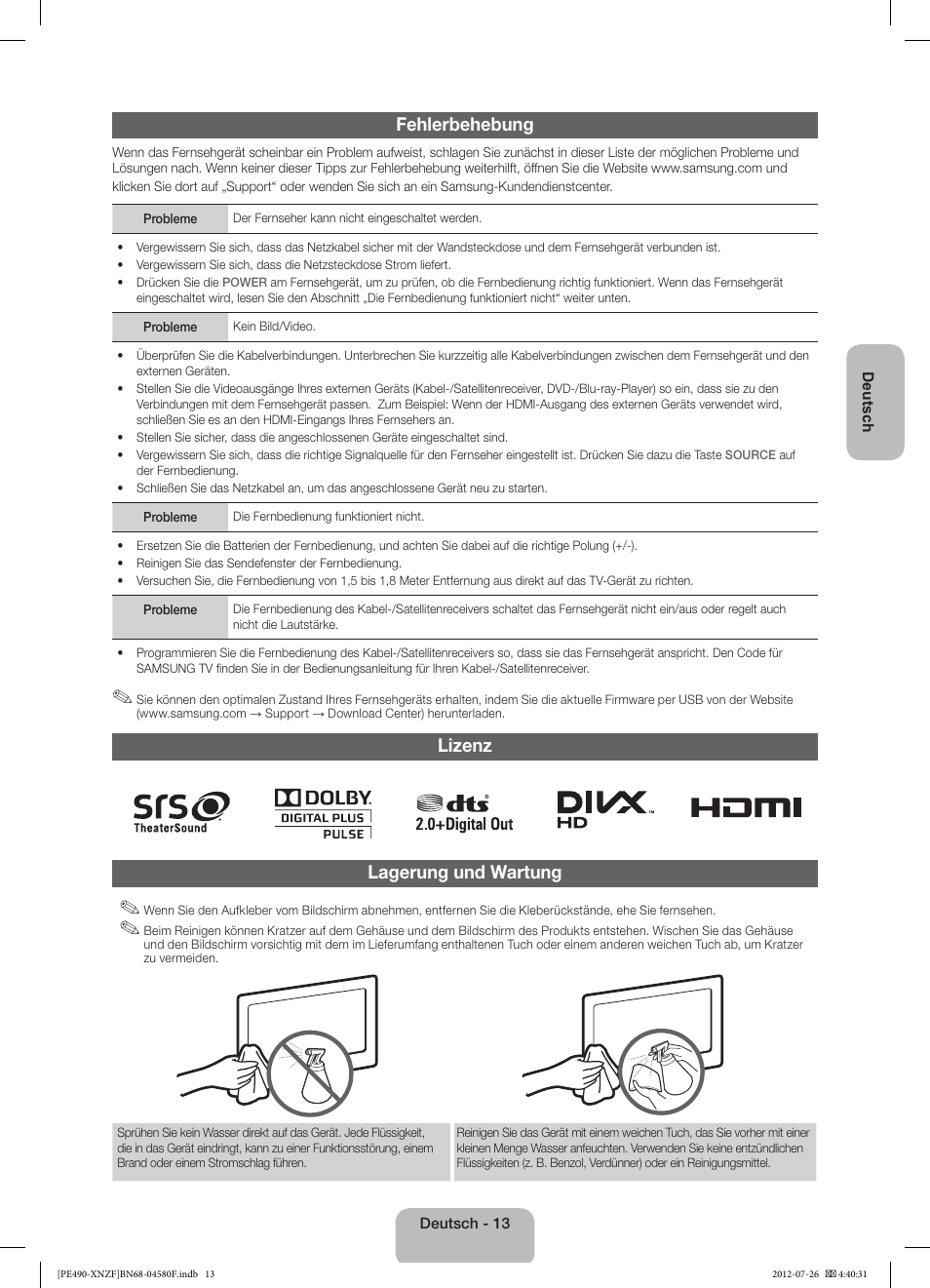 Fehlerbehebung, Lizenz lagerung und wartung | Samsung PS43E490B1W User Manual | Page 41 / 57