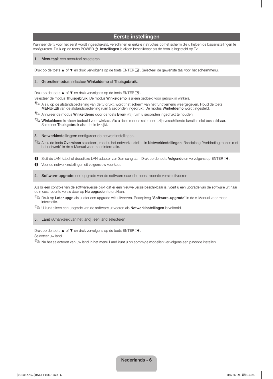 Eerste instellingen | Samsung PS43E490B1W User Manual | Page 48 / 57