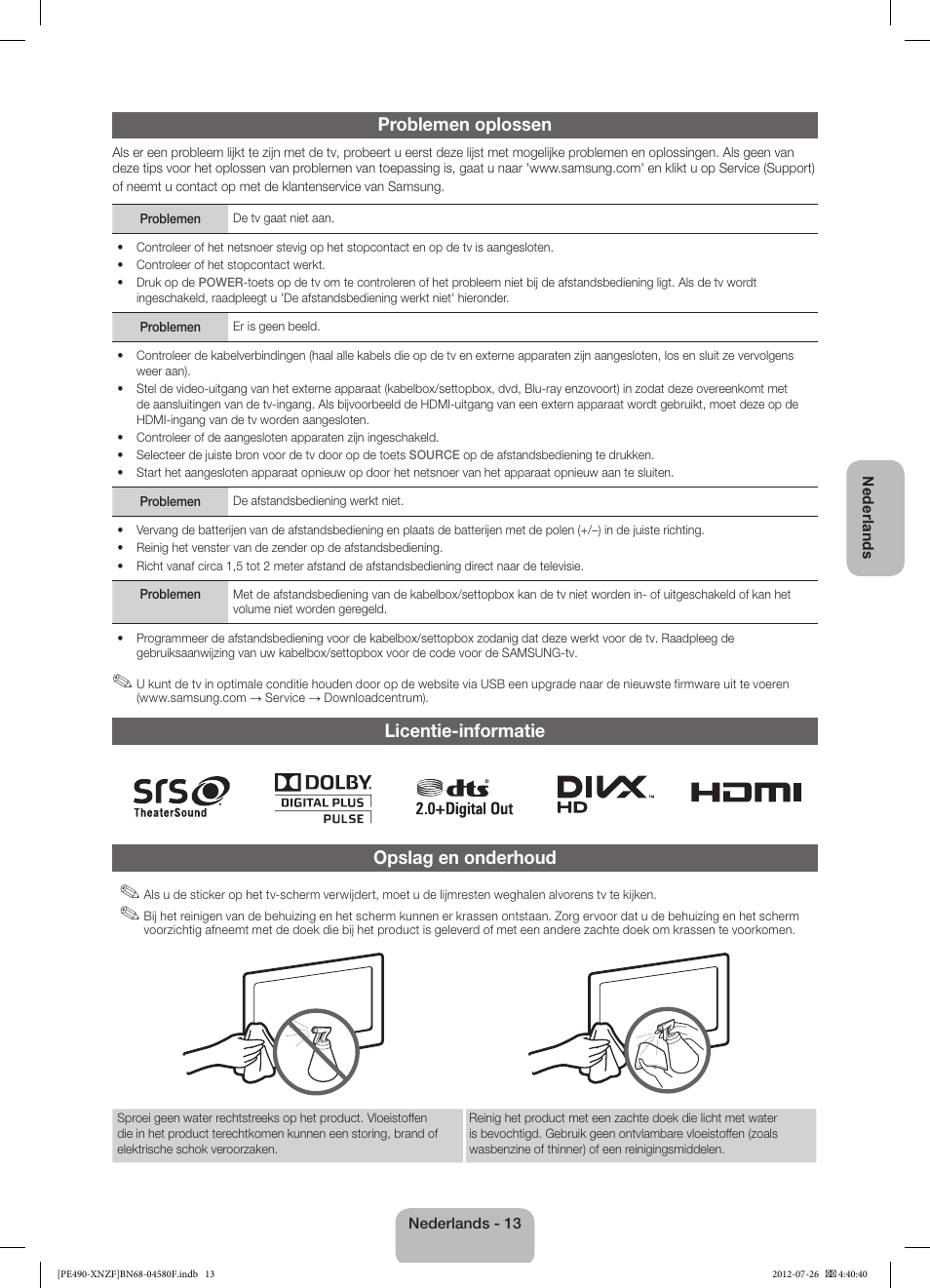 Problemen oplossen, Licentie-informatie opslag en onderhoud | Samsung PS43E490B1W User Manual | Page 55 / 57