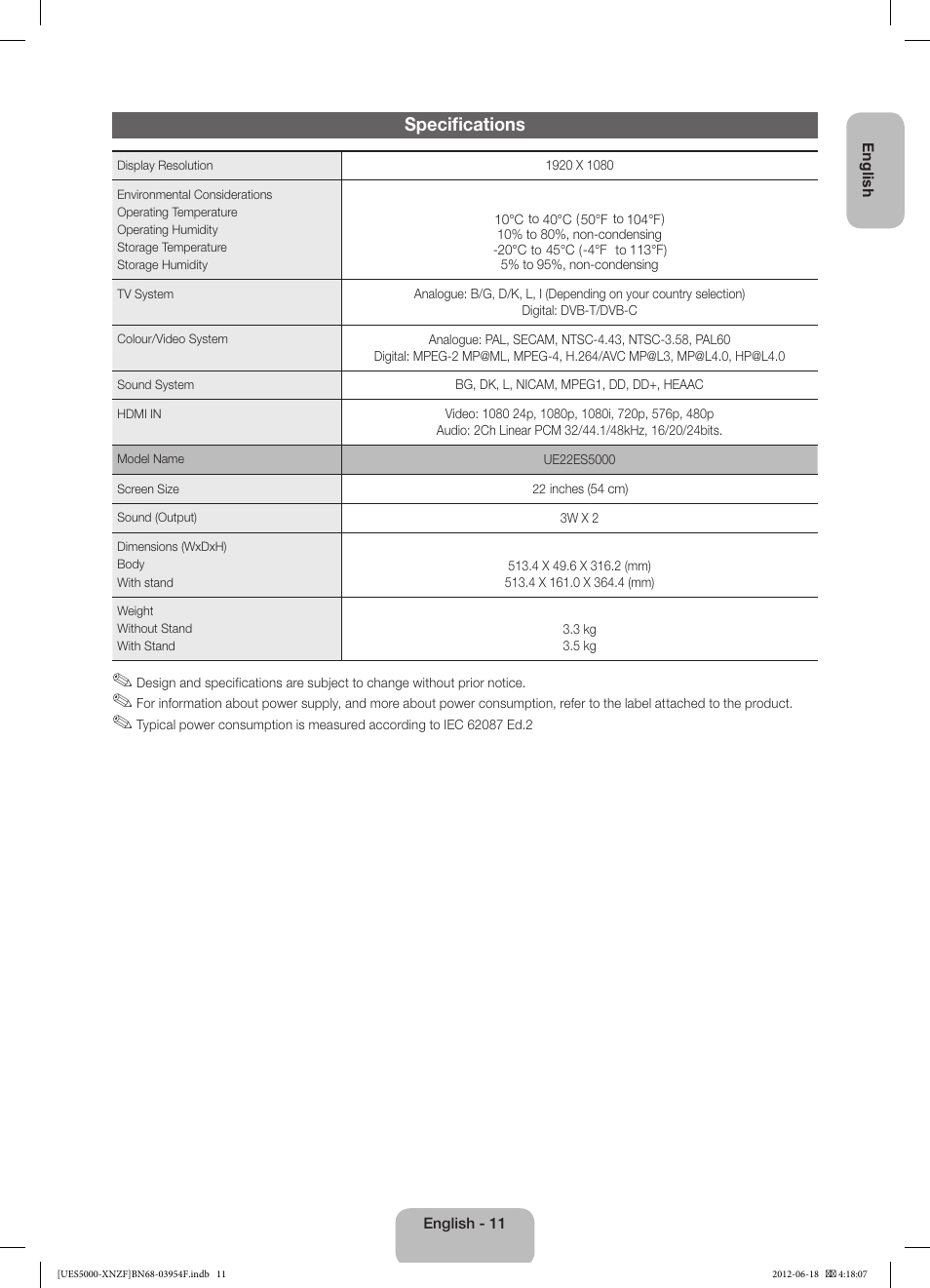 Specifications | Samsung UE22ES5000W User Manual | Page 11 / 49