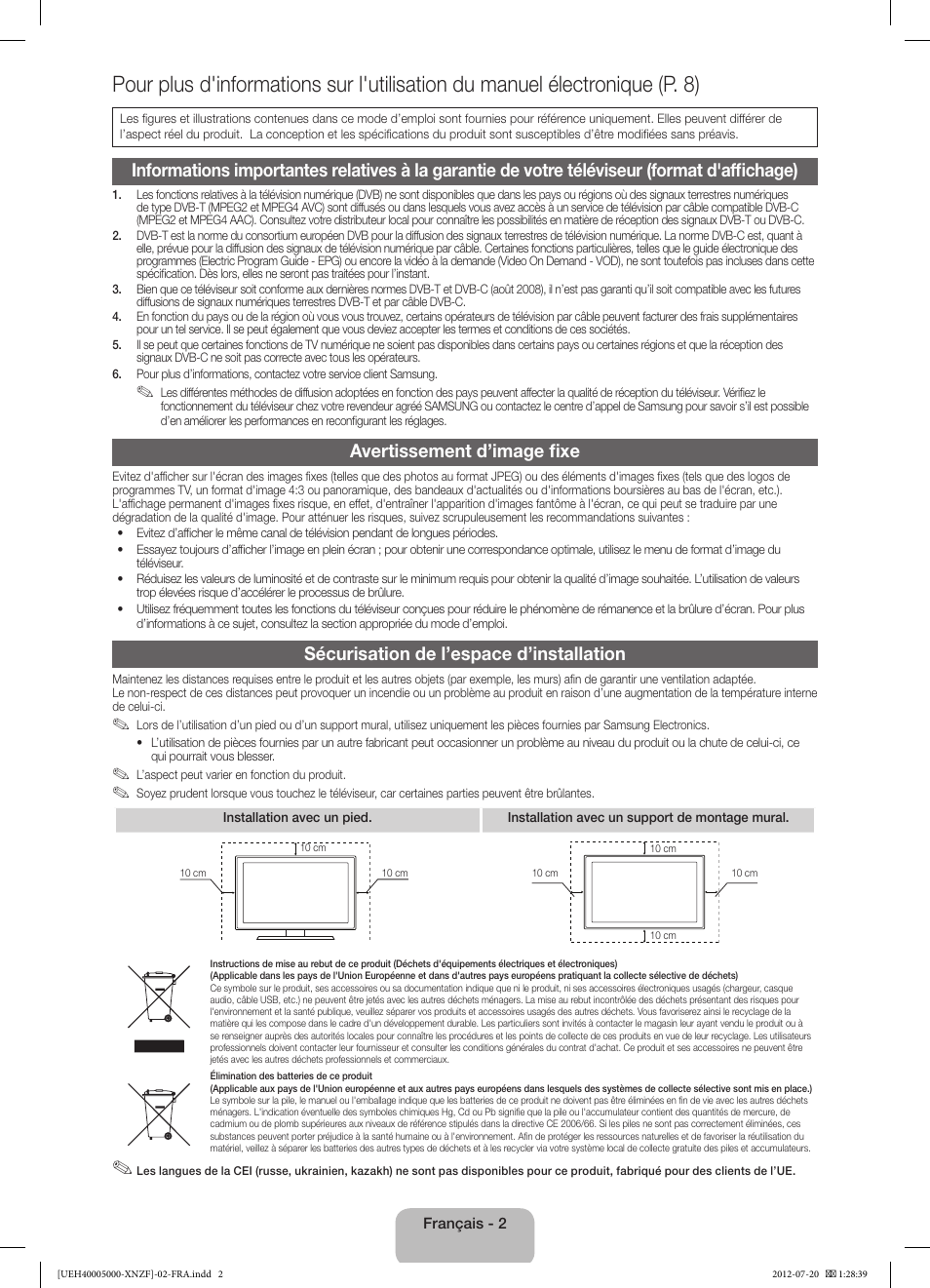 Avertissement d’image fixe, Sécurisation de l’espace d’installation | Samsung UE22ES5000W User Manual | Page 14 / 49