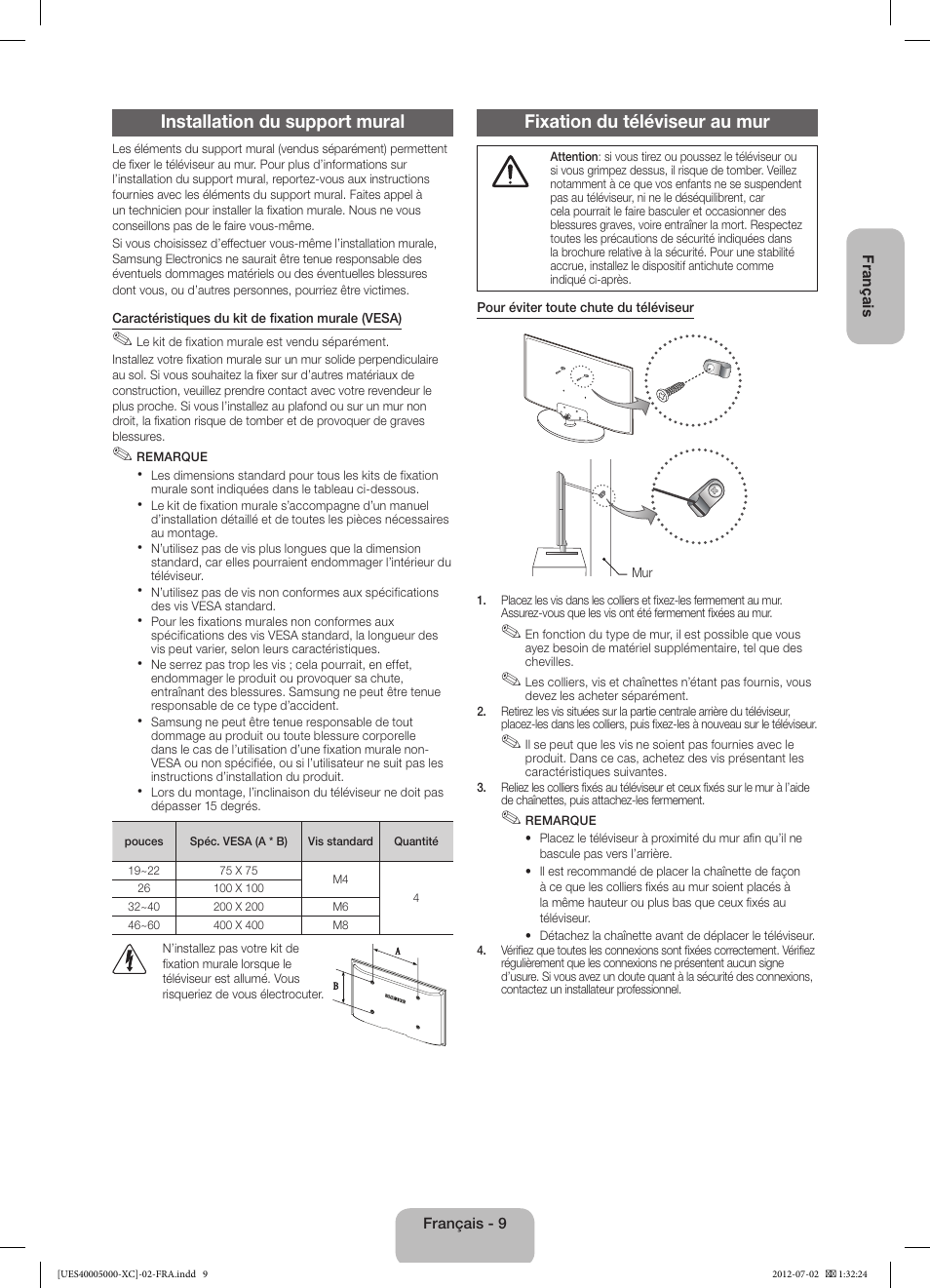 Installation du support mural, Fixation du téléviseur au mur | Samsung UE22ES5000W User Manual | Page 21 / 49