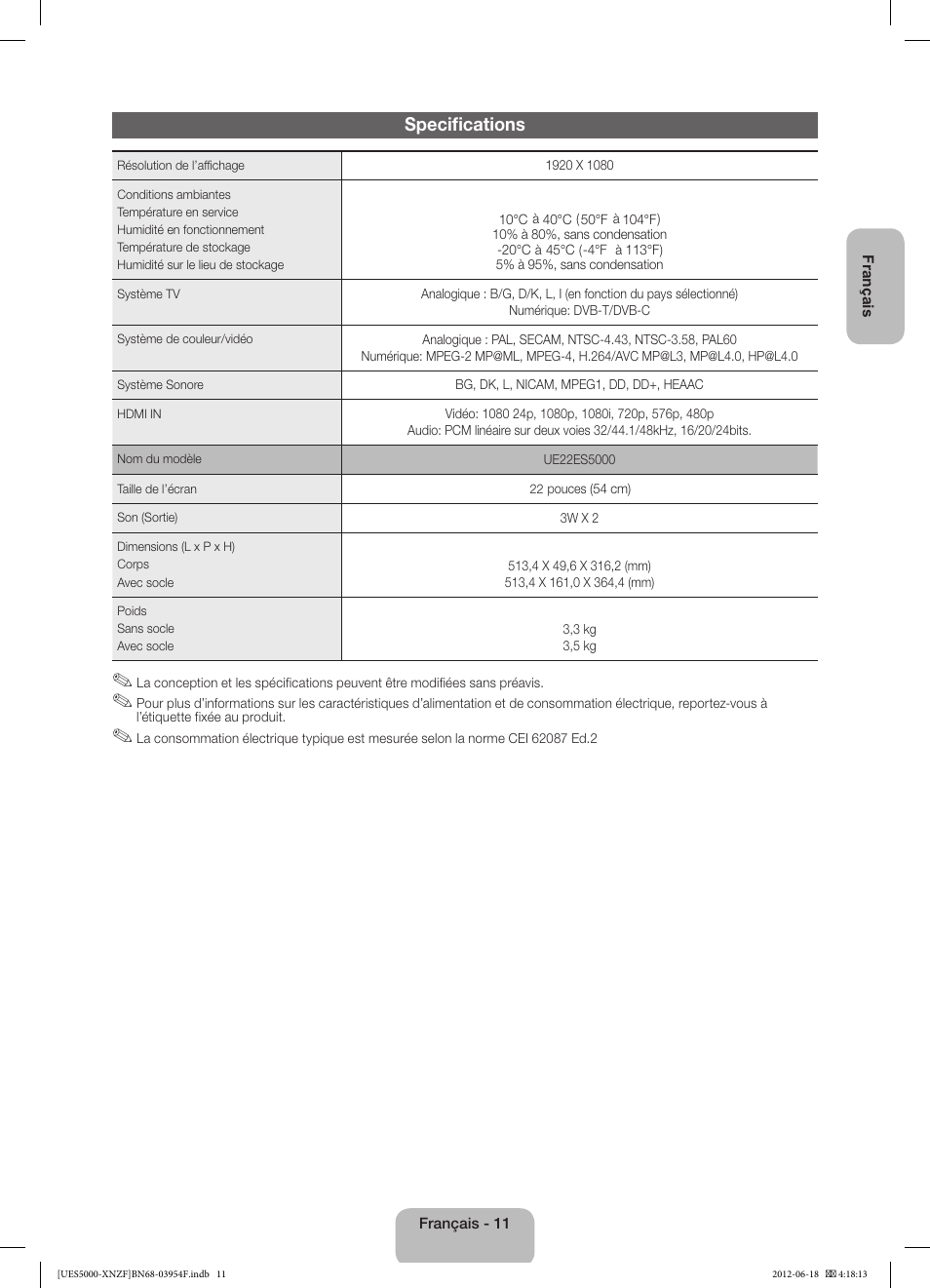 Specifications | Samsung UE22ES5000W User Manual | Page 23 / 49