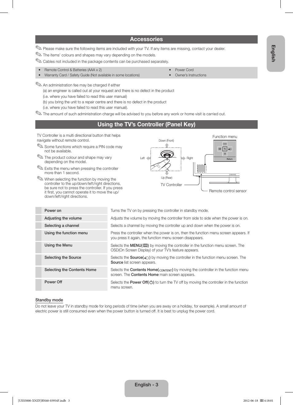 Accessories, Using the tv’s controller (panel key) | Samsung UE22ES5000W User Manual | Page 3 / 49