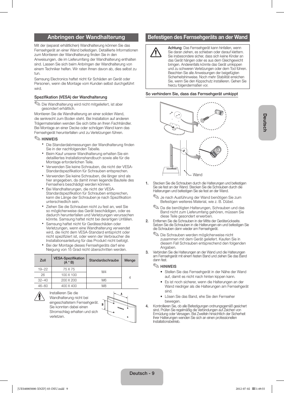 Anbringen der wandhalterung, Befestigen des fernsehgeräts an der wand | Samsung UE22ES5000W User Manual | Page 33 / 49