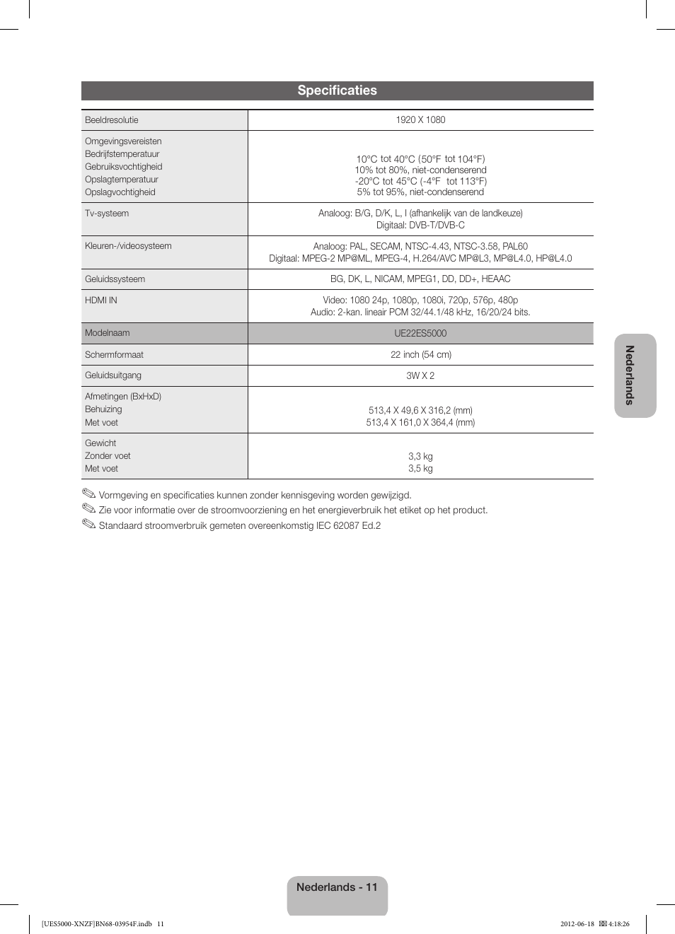 Specificaties | Samsung UE22ES5000W User Manual | Page 47 / 49