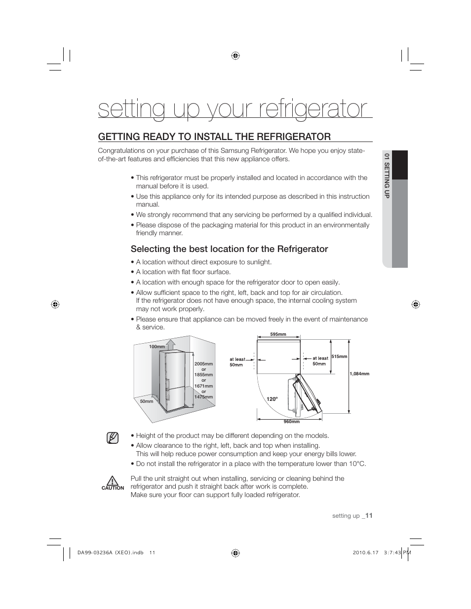 Setting up your refrigerator, Getting ready to install the refrigerator, Selecting the best location for the refrigerator | Samsung RL27TDFSW User Manual | Page 11 / 28