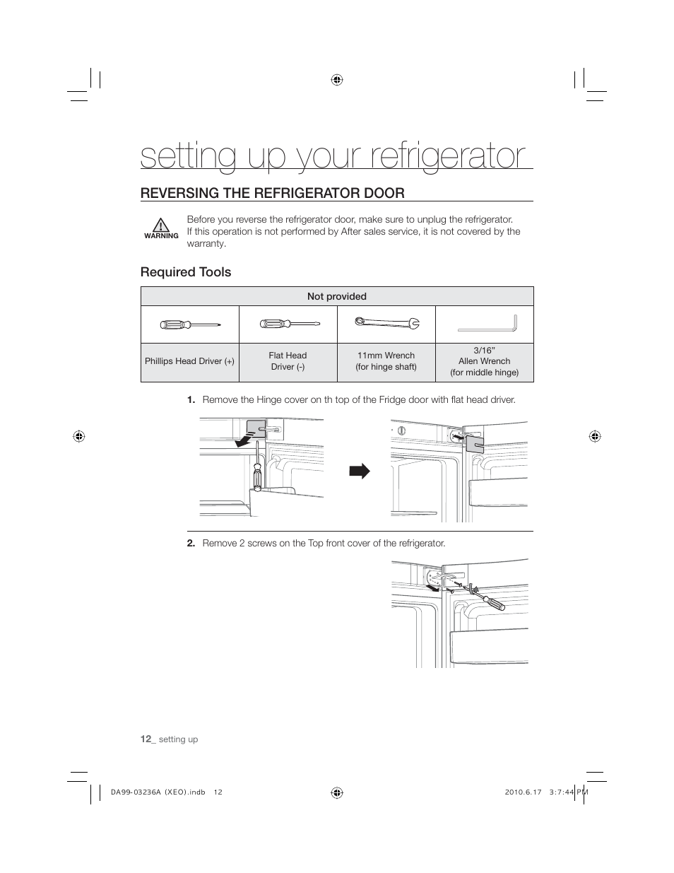 Setting up your refrigerator, Reversing the refrigerator door | Samsung RL27TDFSW User Manual | Page 12 / 28