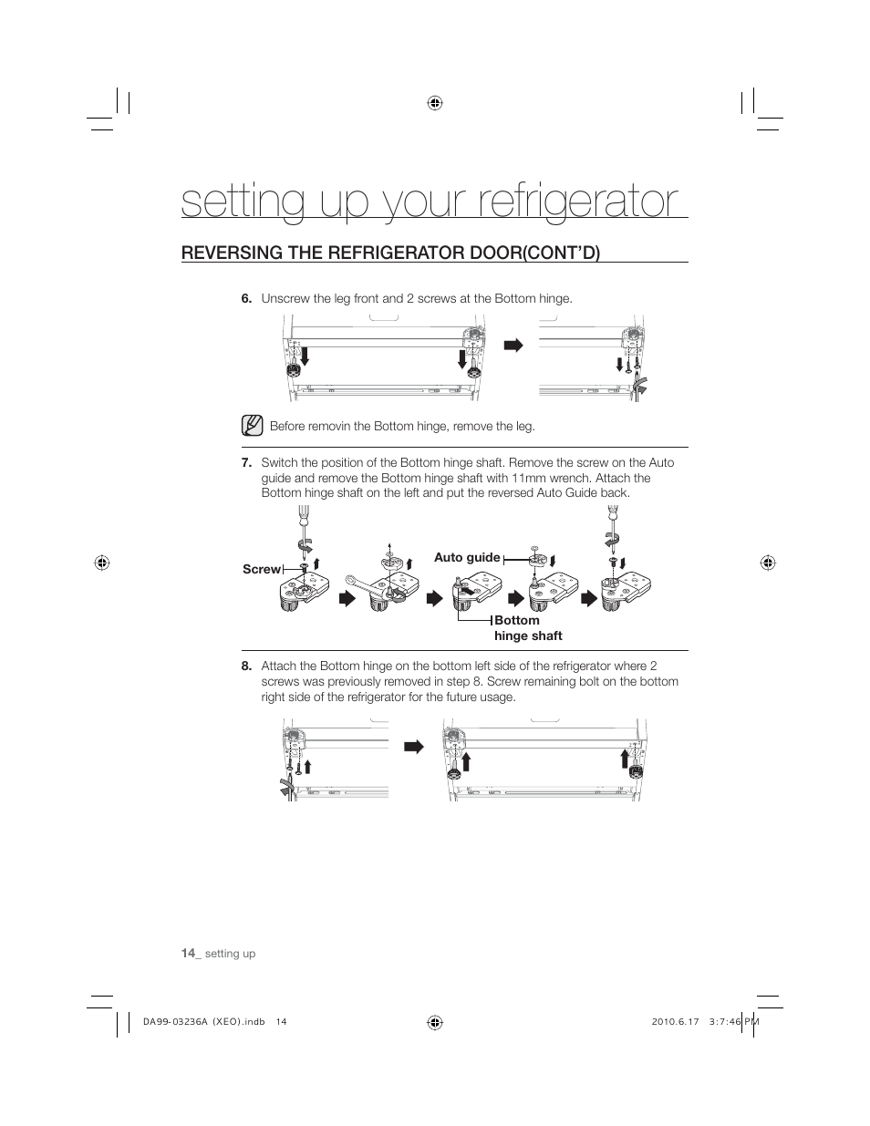 Setting up your refrigerator, Reversing the refrigerator door(cont’d) | Samsung RL27TDFSW User Manual | Page 14 / 28