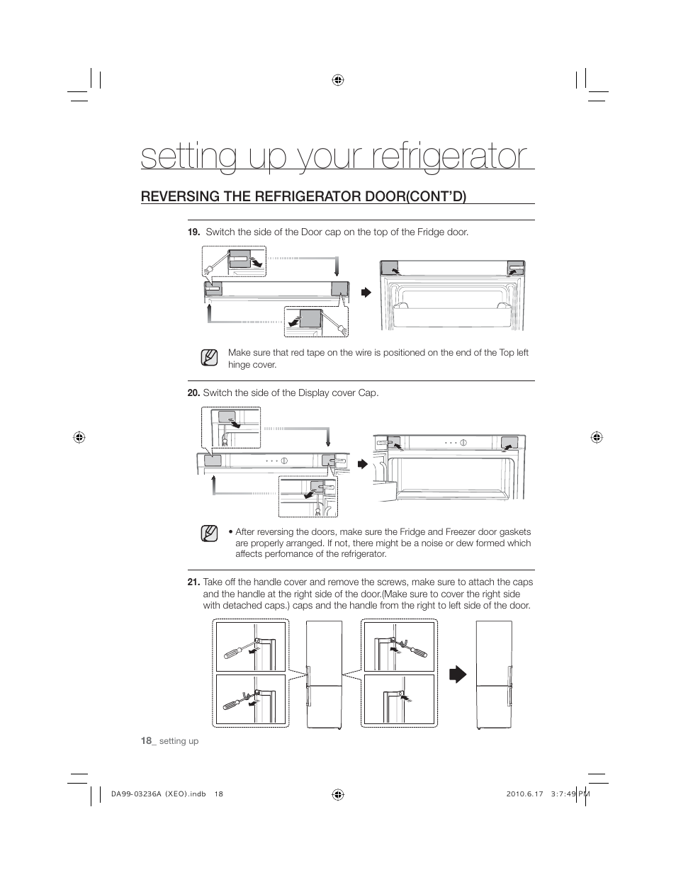 Setting up your refrigerator, Reversing the refrigerator door(cont’d) | Samsung RL27TDFSW User Manual | Page 18 / 28