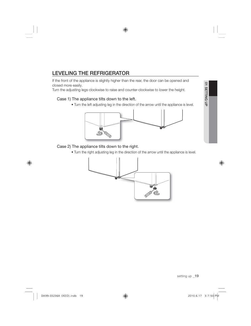 Leveling the refrigerator | Samsung RL27TDFSW User Manual | Page 19 / 28