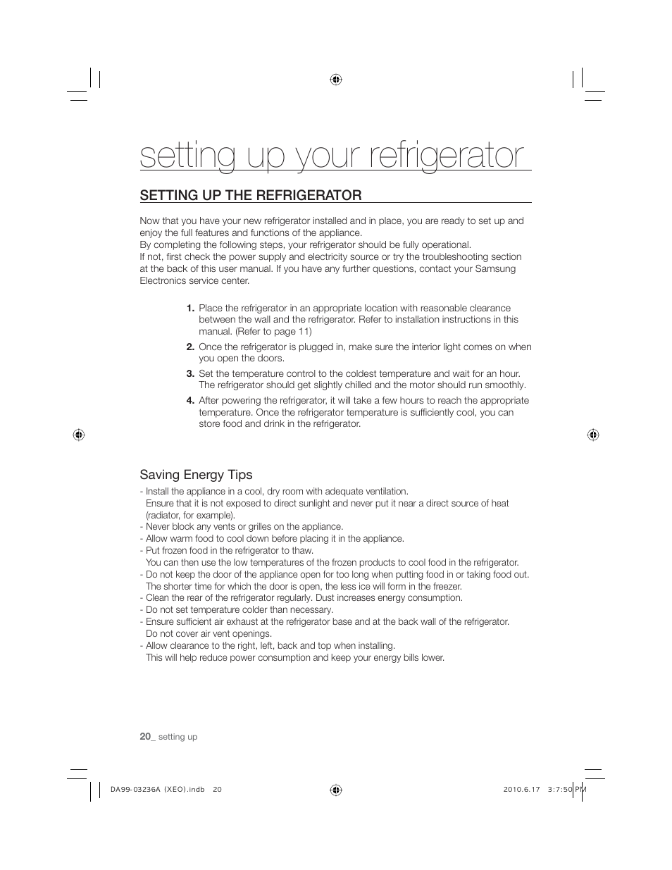 Setting up your refrigerator, Setting up the refrigerator | Samsung RL27TDFSW User Manual | Page 20 / 28