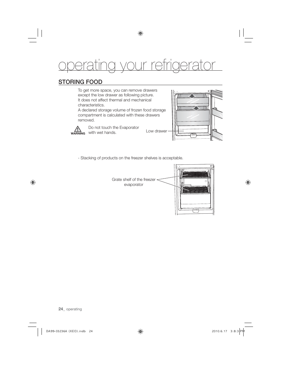 Operating your refrigerator, Storing food | Samsung RL27TDFSW User Manual | Page 24 / 28