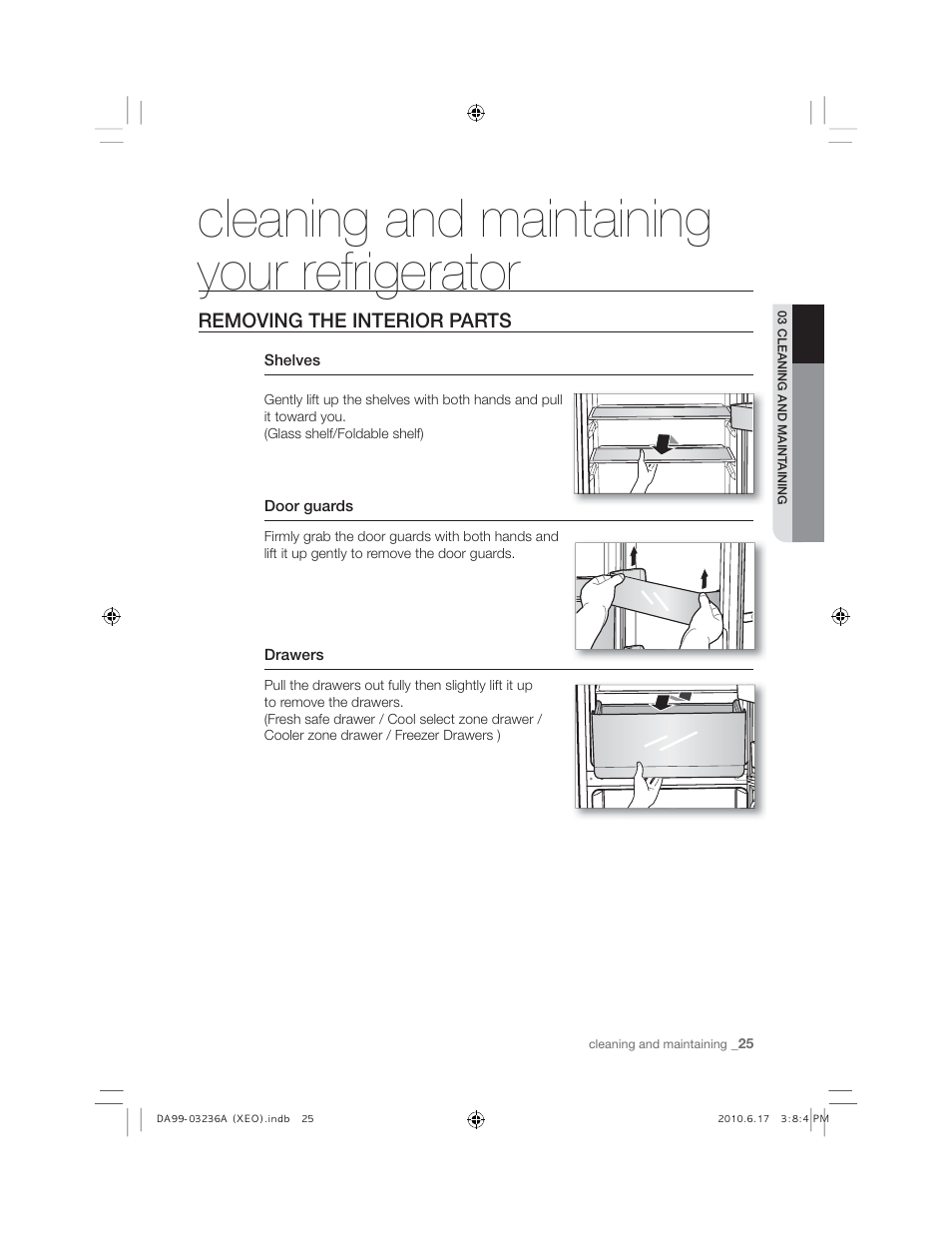 Cleaning and maintaining your refrigerator, Removing the interior parts | Samsung RL27TDFSW User Manual | Page 25 / 28