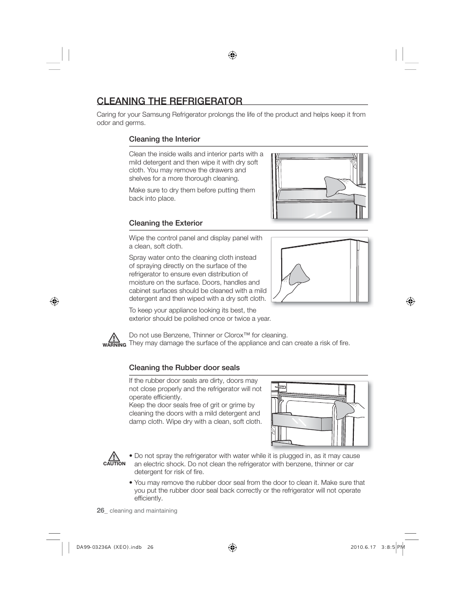 Cleaning the refrigerator | Samsung RL27TDFSW User Manual | Page 26 / 28