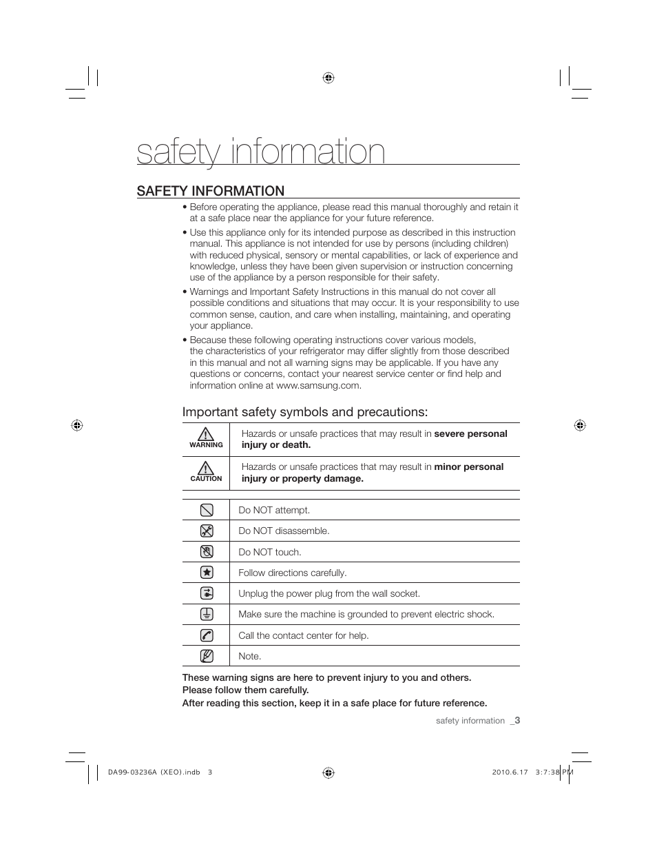 Safety information | Samsung RL27TDFSW User Manual | Page 3 / 28