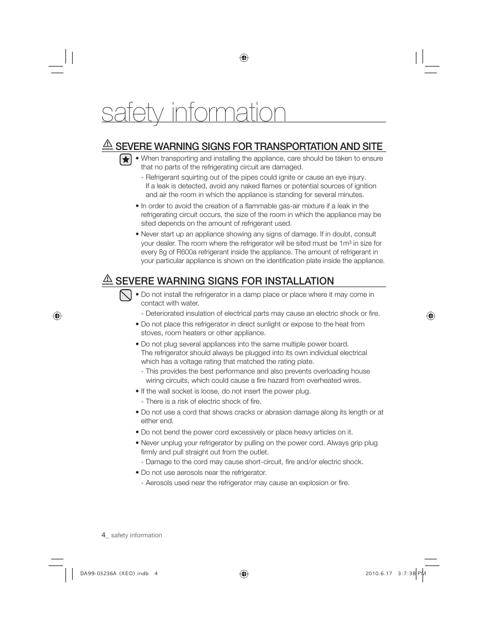 Safety information, Severe warning signs for transportation and site, Severe warning signs for installation | Samsung RL27TDFSW User Manual | Page 4 / 28