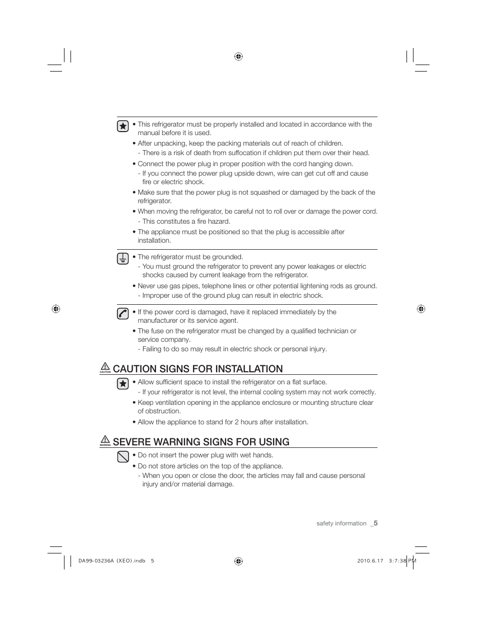 Caution signs for installation, Severe warning signs for using | Samsung RL27TDFSW User Manual | Page 5 / 28