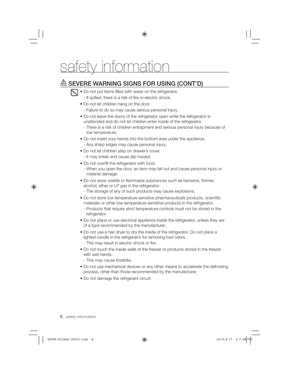 Safety information, Severe warning signs for using (cont’d) | Samsung RL27TDFSW User Manual | Page 6 / 28