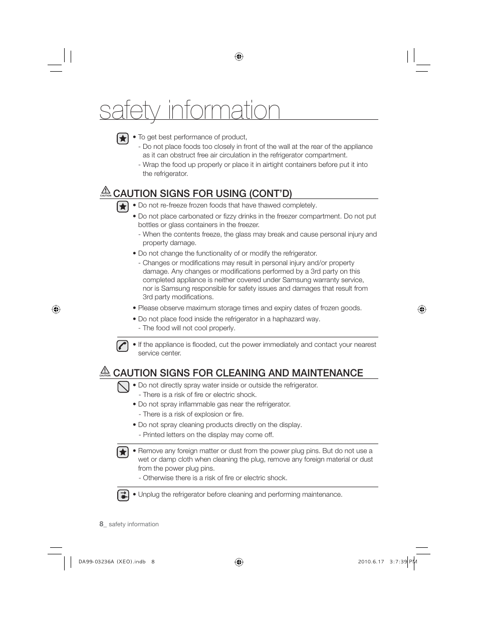 Safety information, Caution signs for using (cont’d), Caution signs for cleaning and maintenance | Samsung RL27TDFSW User Manual | Page 8 / 28