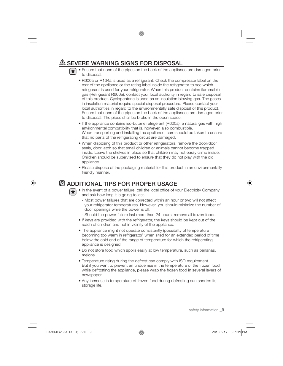 Severe warning signs for disposal, Additional tips for proper usage | Samsung RL27TDFSW User Manual | Page 9 / 28