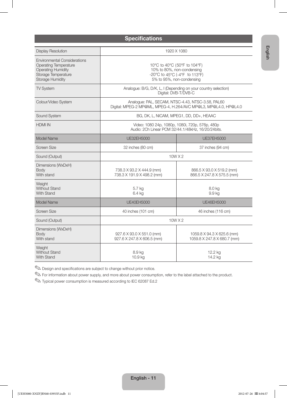 Specifications | Samsung UE40EH5000W User Manual | Page 11 / 49