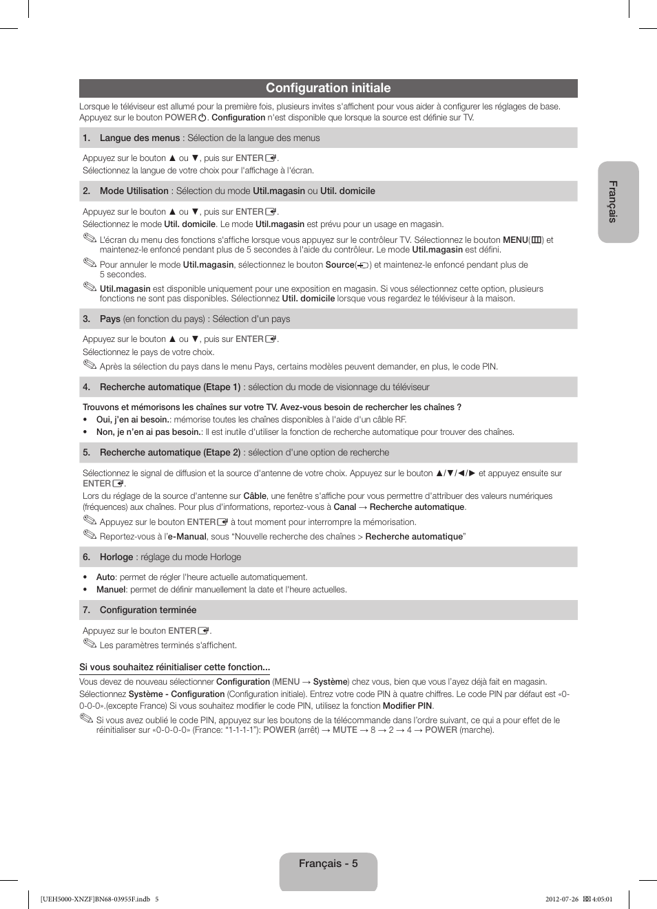 Configuration initiale | Samsung UE40EH5000W User Manual | Page 17 / 49