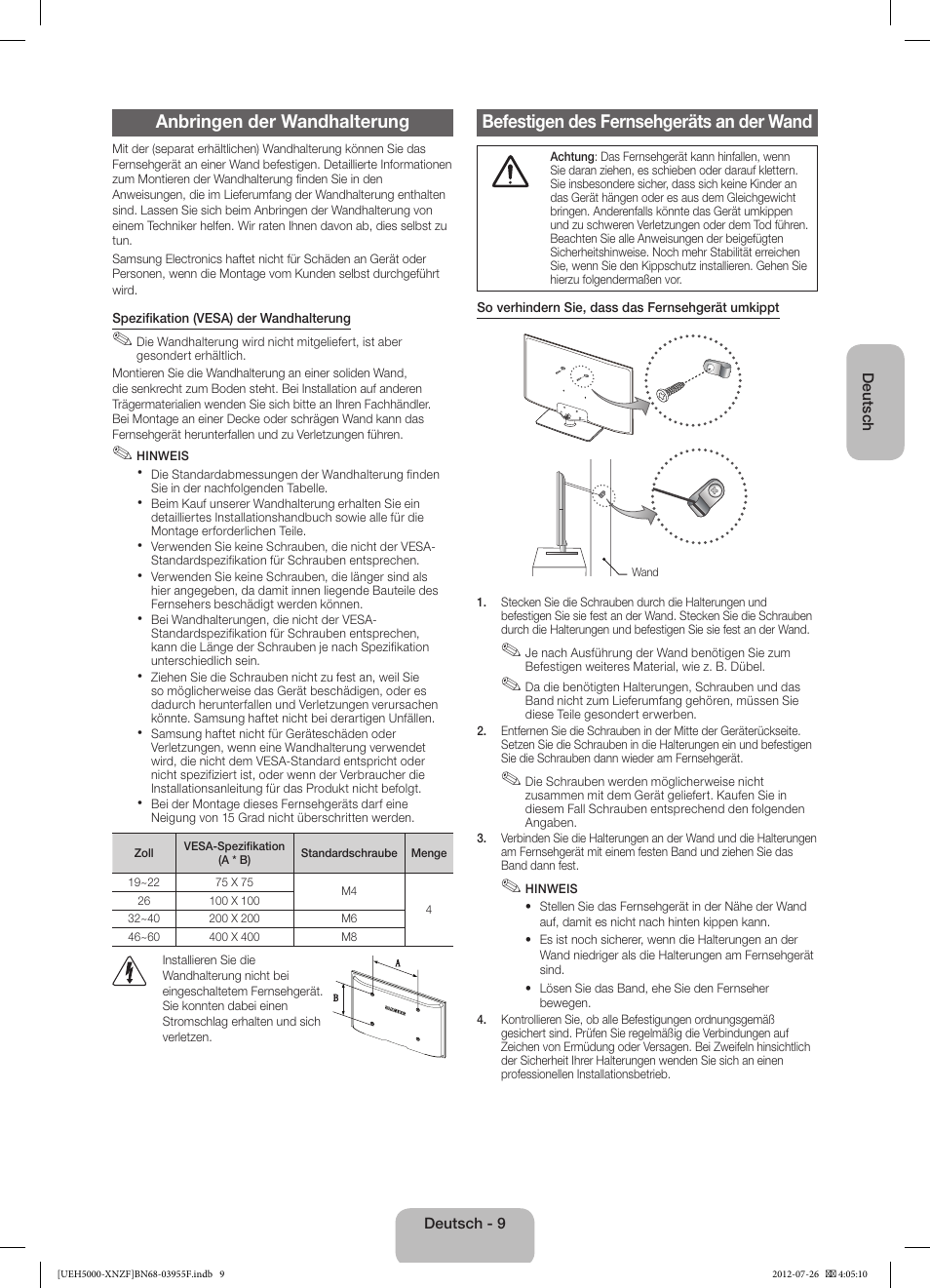 Anbringen der wandhalterung, Befestigen des fernsehgeräts an der wand | Samsung UE40EH5000W User Manual | Page 33 / 49