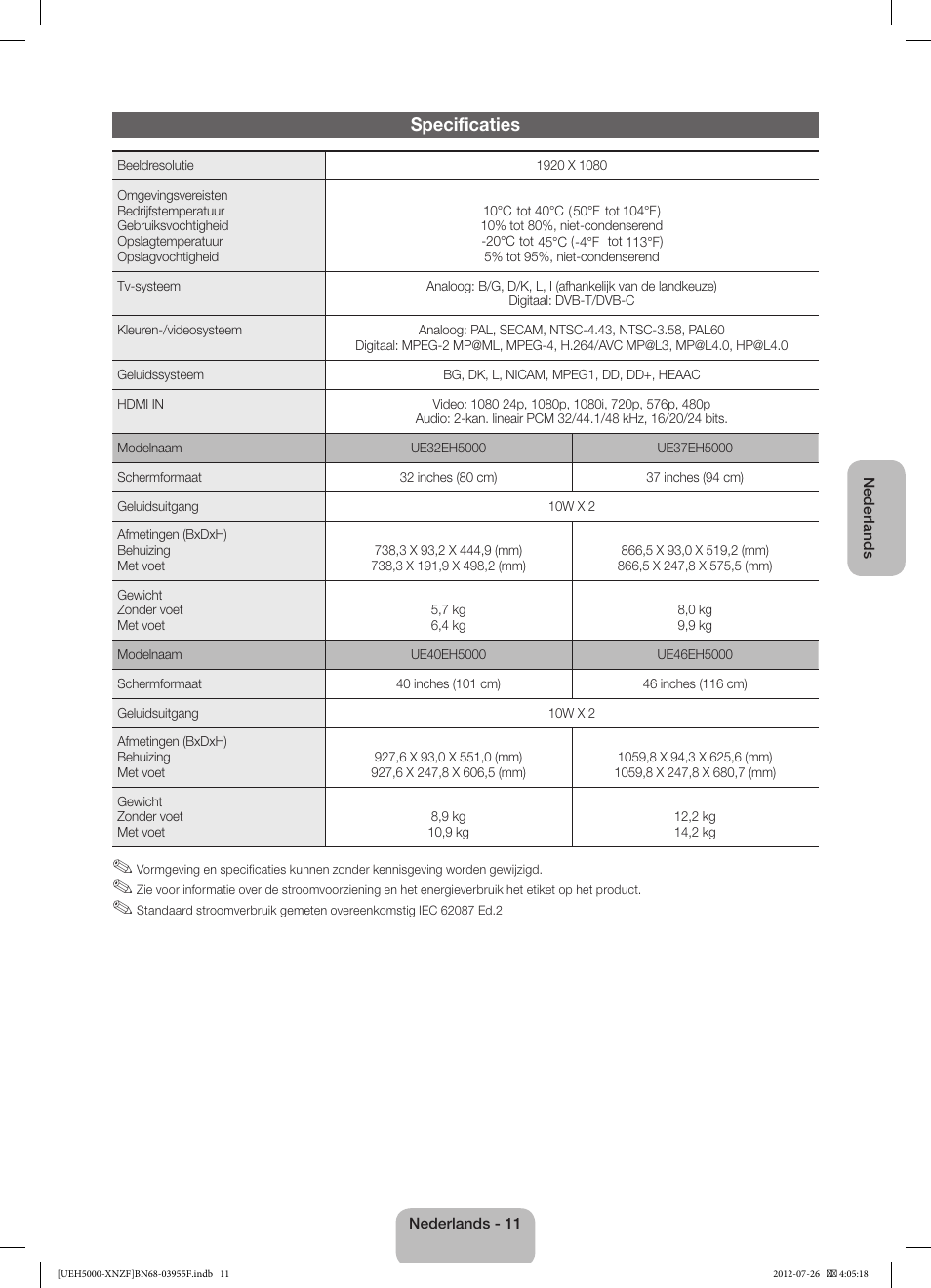 Specificaties | Samsung UE40EH5000W User Manual | Page 47 / 49