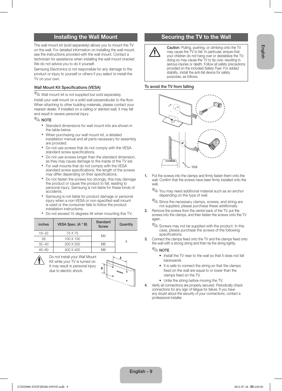 Installing the wall mount, Securing the tv to the wall | Samsung UE40EH5000W User Manual | Page 9 / 49