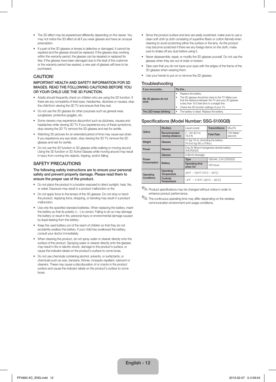 Caution, Safety precautions, Troubleshooting | Specifications (model number: ssg-5100gb), English - 12 | Samsung PS43F4900AW User Manual | Page 12 / 81