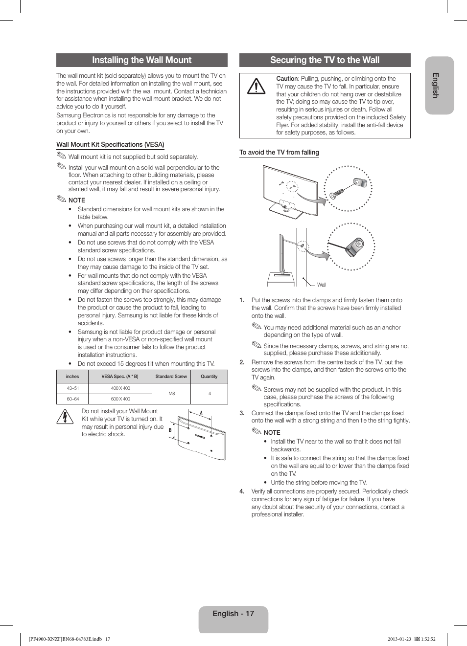 Installing the wall mount, Securing the tv to the wall | Samsung PS43F4900AW User Manual | Page 17 / 81