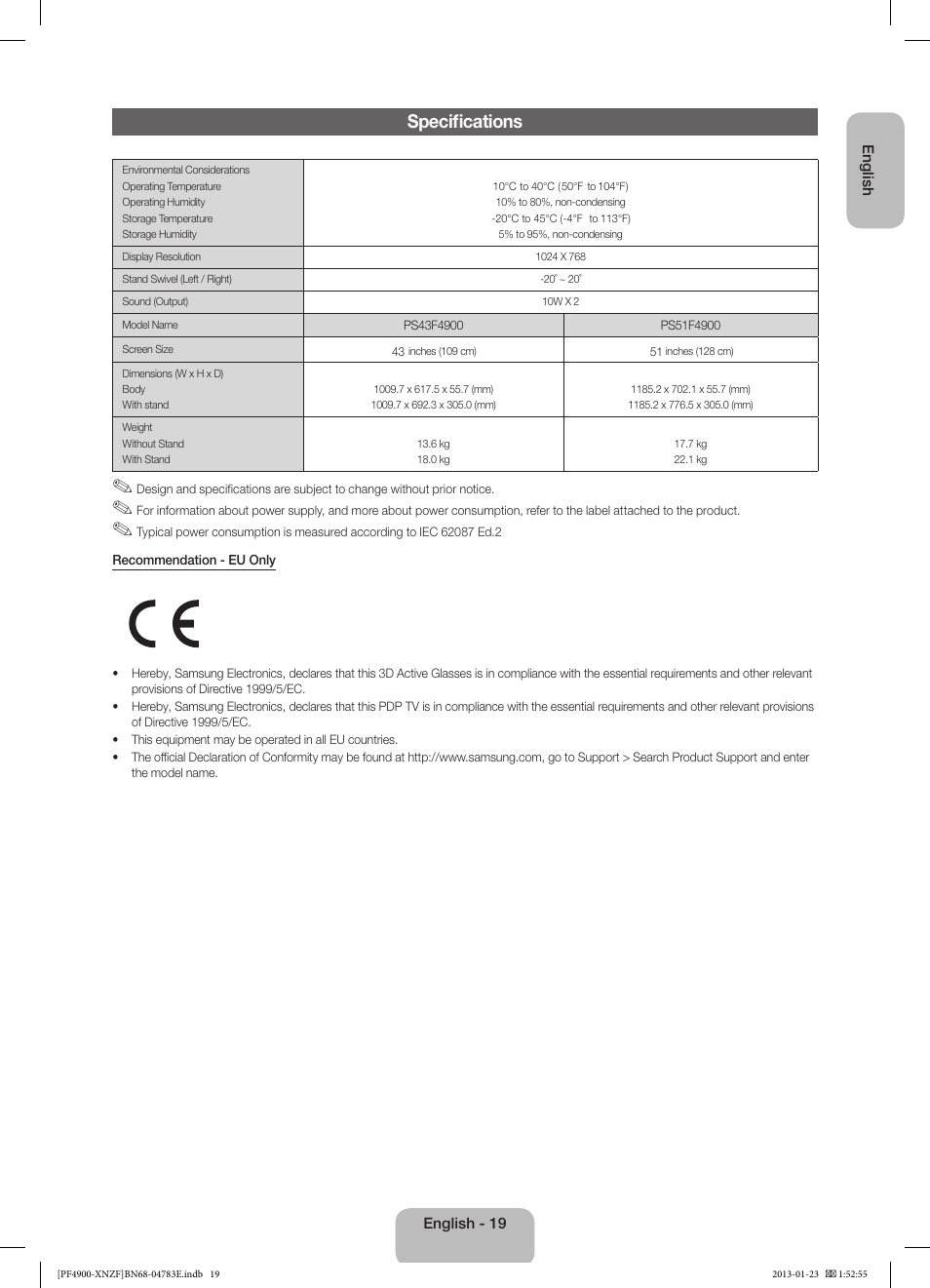 Specifications | Samsung PS43F4900AW User Manual | Page 19 / 81