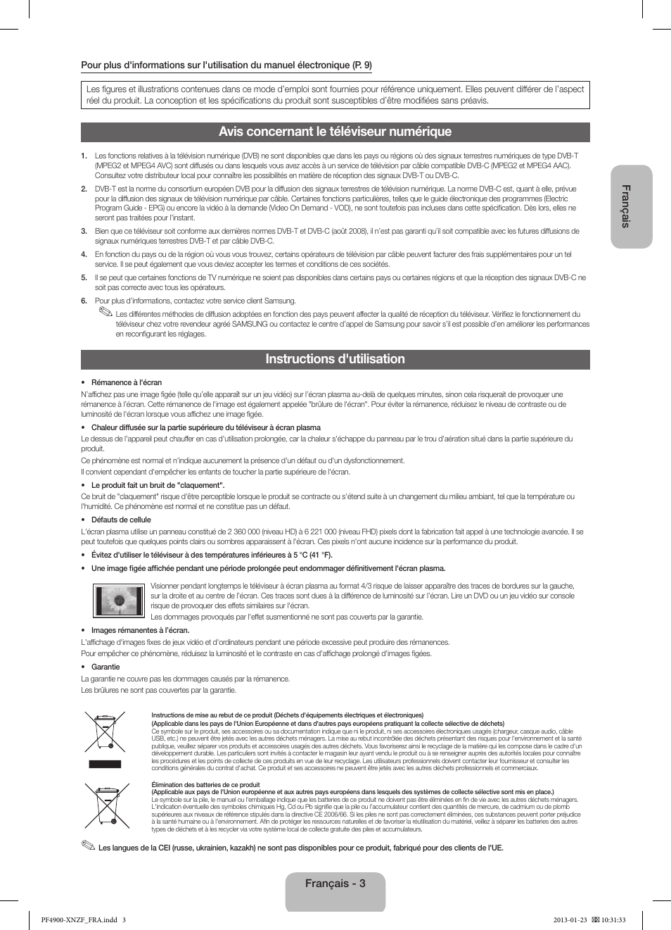 Avis concernant le téléviseur numérique, Instructions d'utilisation | Samsung PS43F4900AW User Manual | Page 23 / 81