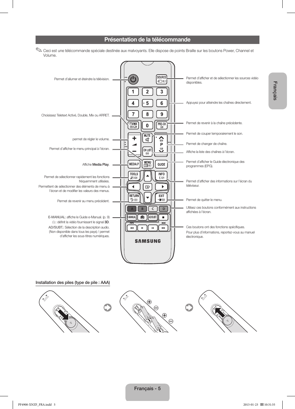 Présentation de la télécommande | Samsung PS43F4900AW User Manual | Page 25 / 81