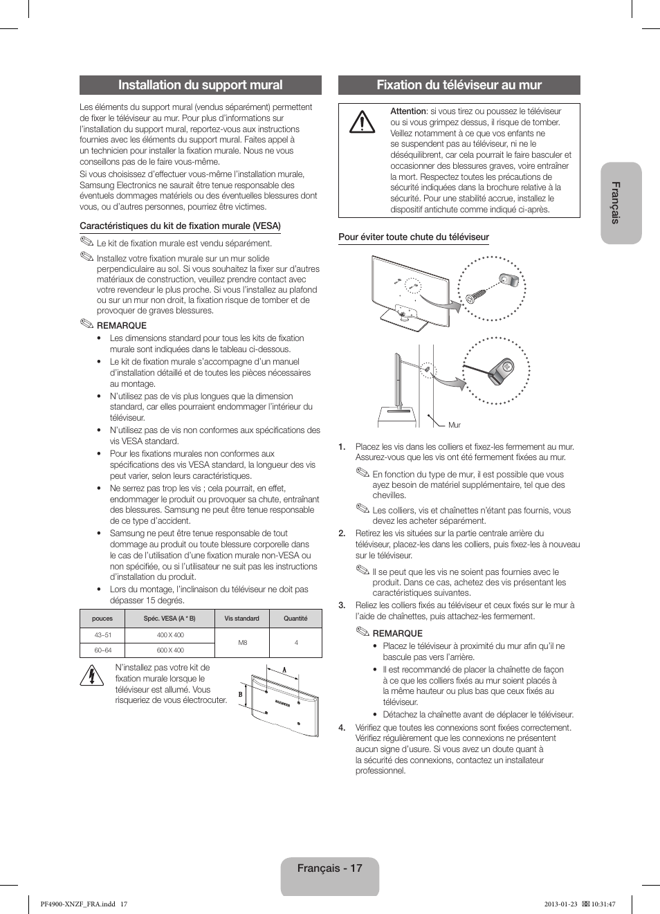 Installation du support mural, Fixation du téléviseur au mur | Samsung PS43F4900AW User Manual | Page 37 / 81