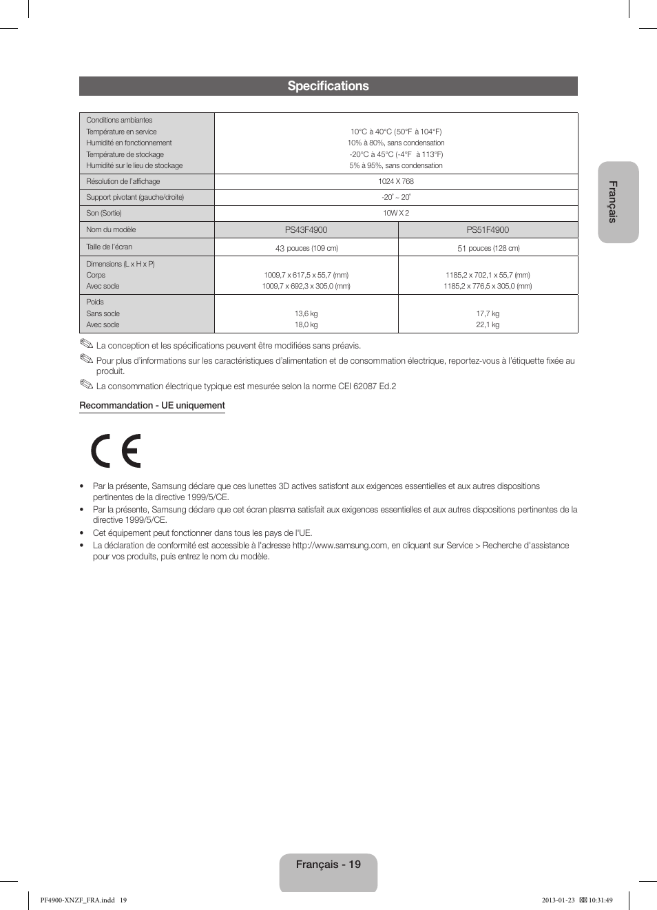 Specifications | Samsung PS43F4900AW User Manual | Page 39 / 81