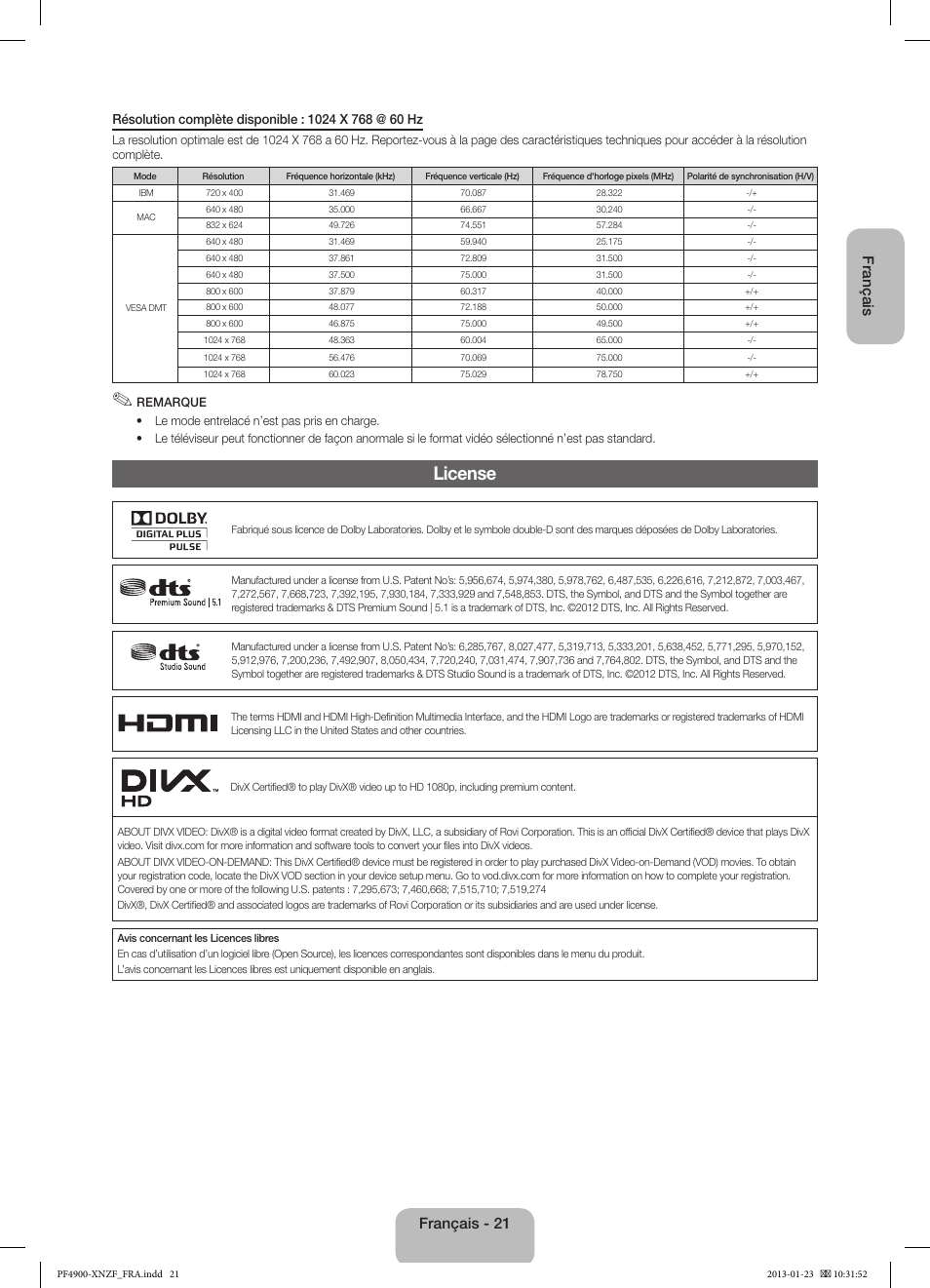 License, Français, Français - 21 | Samsung PS43F4900AW User Manual | Page 41 / 81