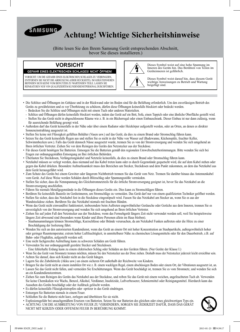 Achtung! wichtige sicherheitshinweise, Vorsicht | Samsung PS43F4900AW User Manual | Page 42 / 81