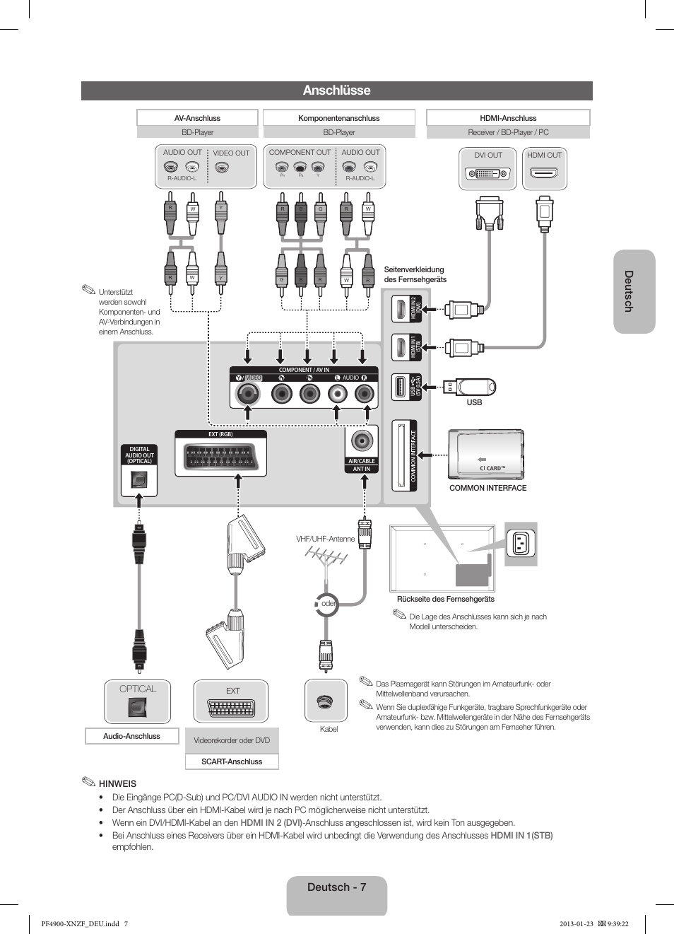 Anschlüsse, Deutsch, Deutsch - 7 | Samsung PS43F4900AW User Manual | Page 47 / 81