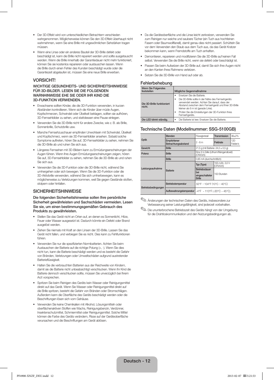 Vorsicht, Sicherheitshinweise, Fehlerbehebung | Technische daten (modellnummer: ssg-5100gb), Deutsch - 12 | Samsung PS43F4900AW User Manual | Page 52 / 81
